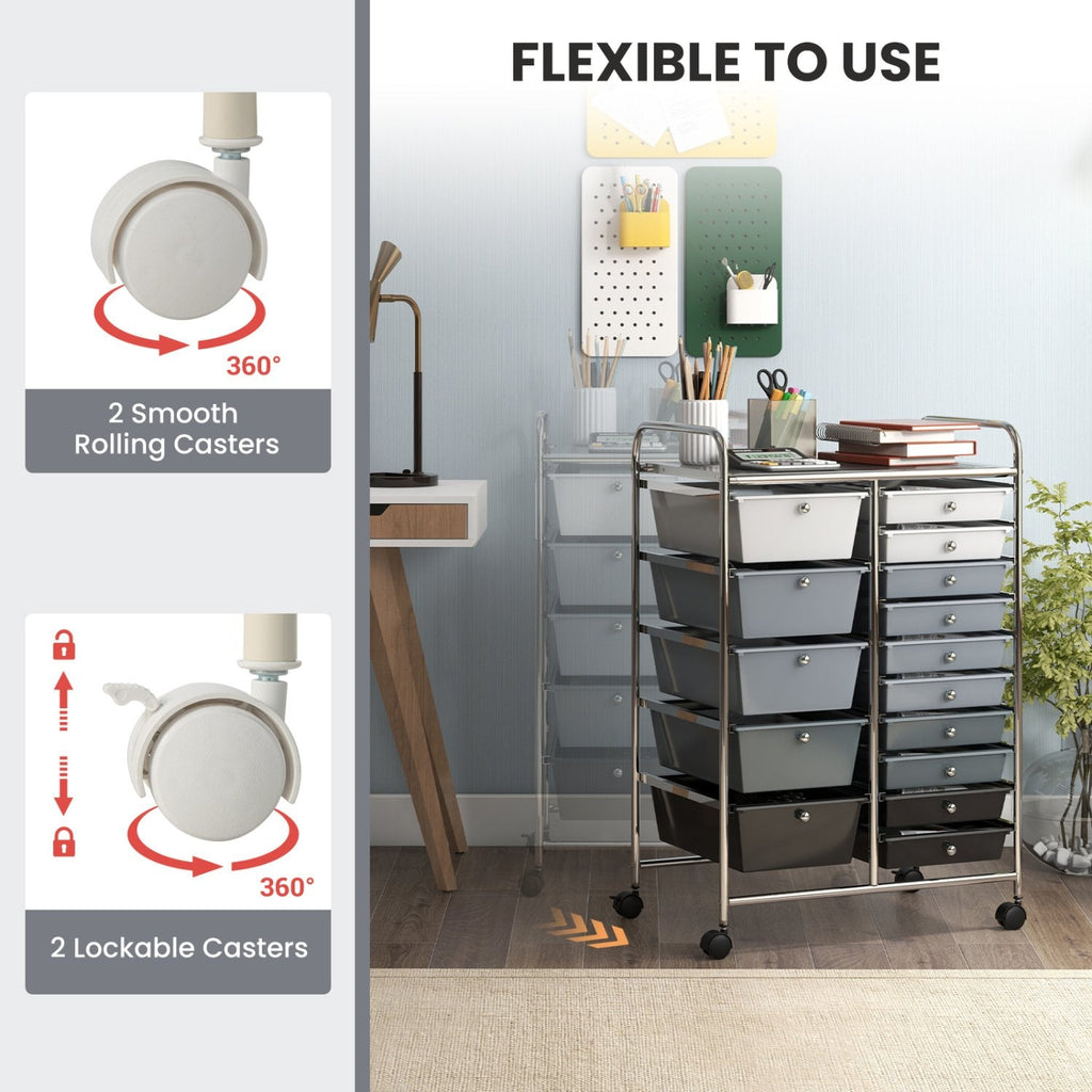 Chariot de rangement roulant multi-usage à 15 tiroirs - Noir et gris