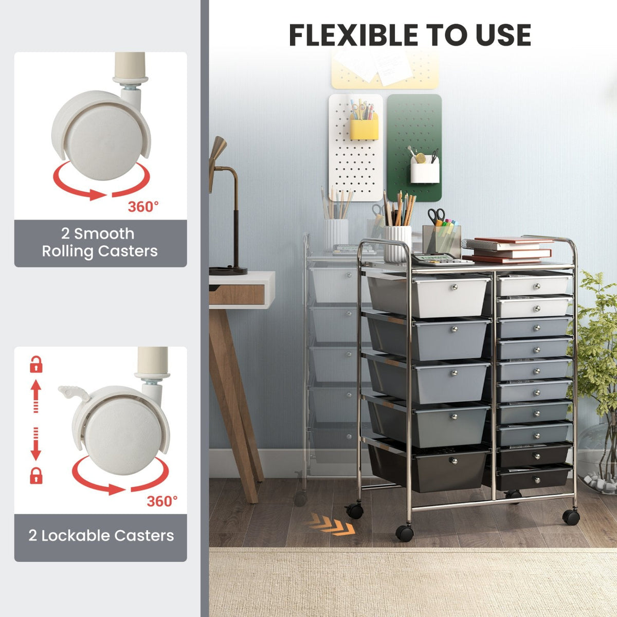 Chariot de rangement roulant multi-usage à 15 tiroirs - Noir et gris