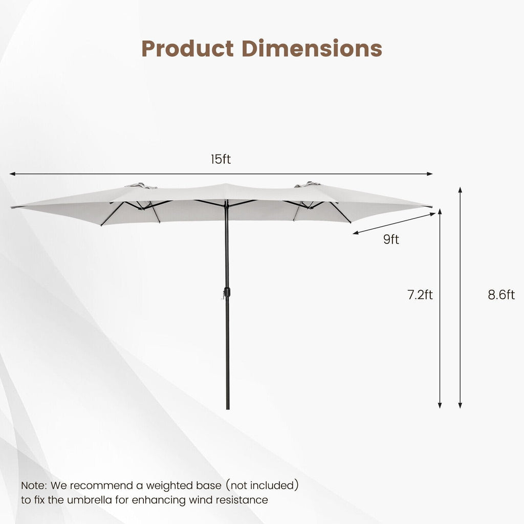 15 Feet Double-Sized Patio Umbrella with Crank Handle and Vented Tops-Beige