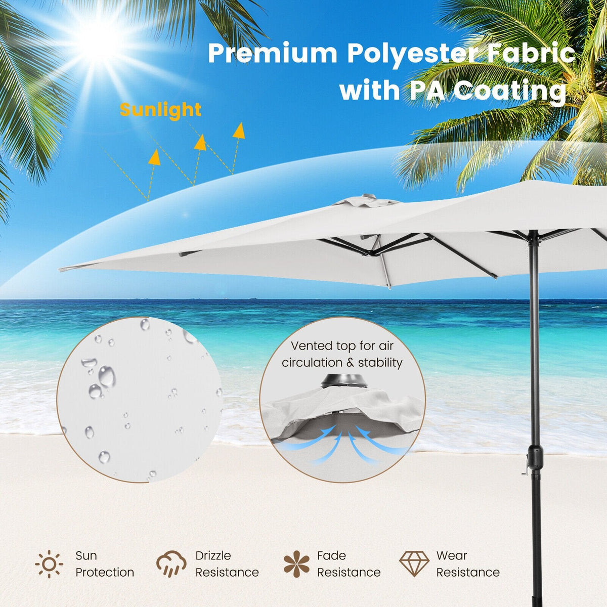 15 Feet Double-Sized Patio Umbrella with Crank Handle and Vented Tops-Beige