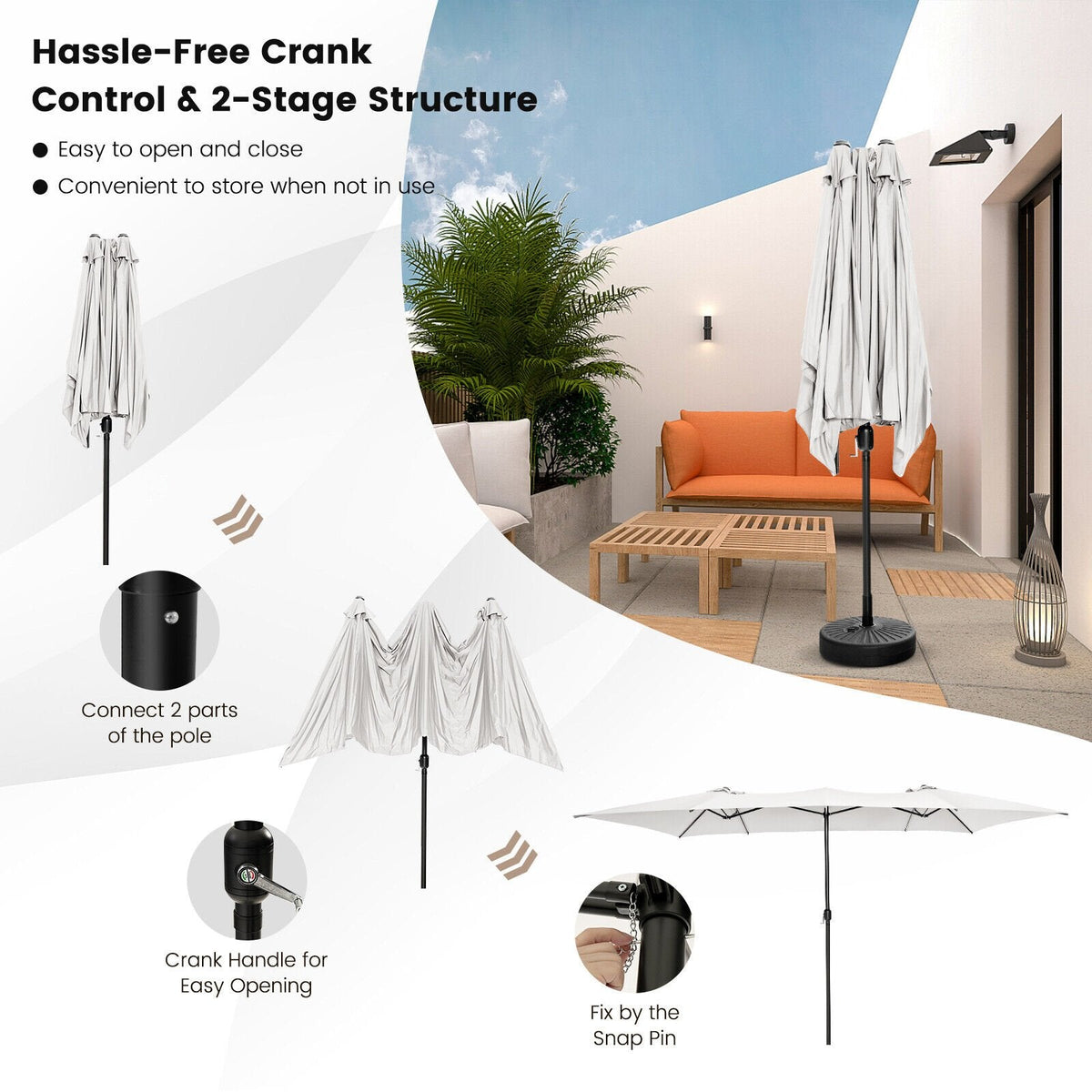 15 Feet Double-Sized Patio Umbrella with Crank Handle and Vented Tops-Beige