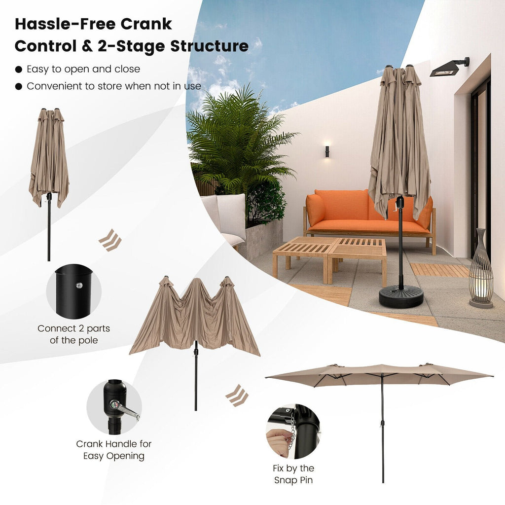 15 Feet Double-Sized Patio Umbrella with Crank Handle and Vented Tops-Brown
