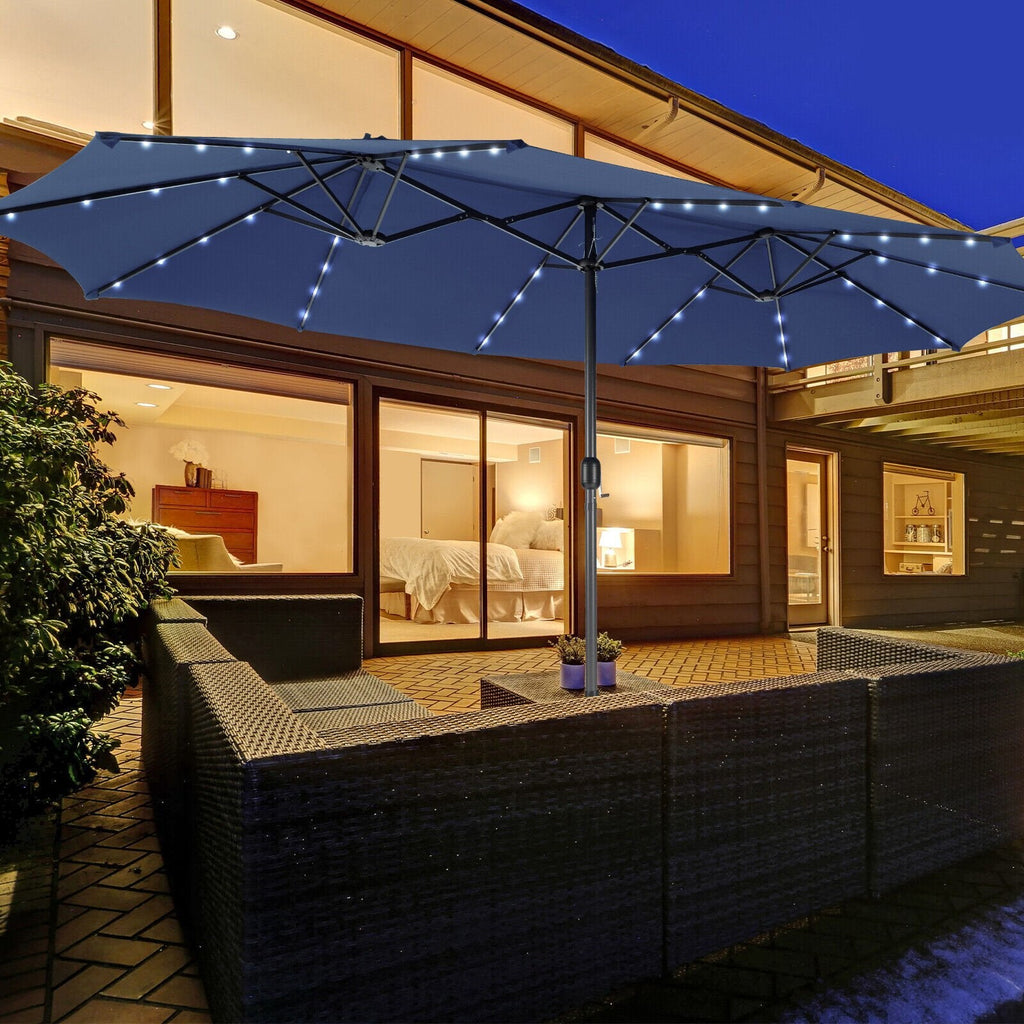 Sombrilla doble de patio de 4,5 m con 48 luces LED solares - Azul marino