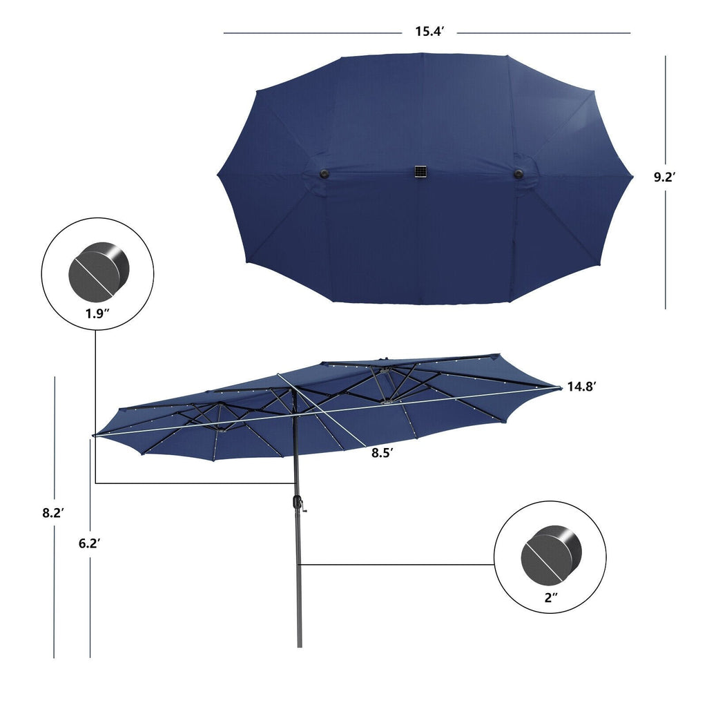 Sombrilla doble de patio de 4,5 m con 48 luces LED solares - Azul marino