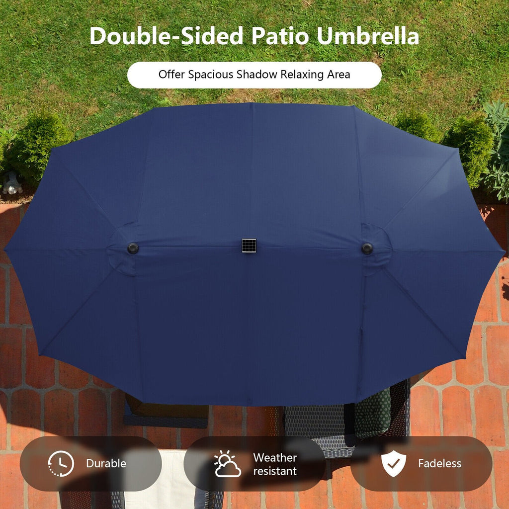 Sombrilla doble de patio de 4,5 m con 48 luces LED solares - Azul marino
