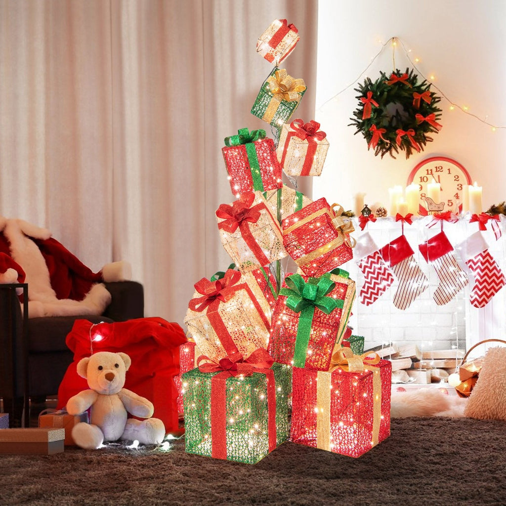 450個の温白色LEDライト付き、積み重ね式クリスマスギフトボックスタワー15段