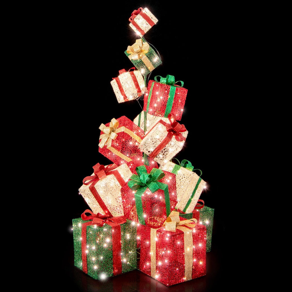 450個の温白色LEDライト付き、積み重ね式クリスマスギフトボックスタワー15段