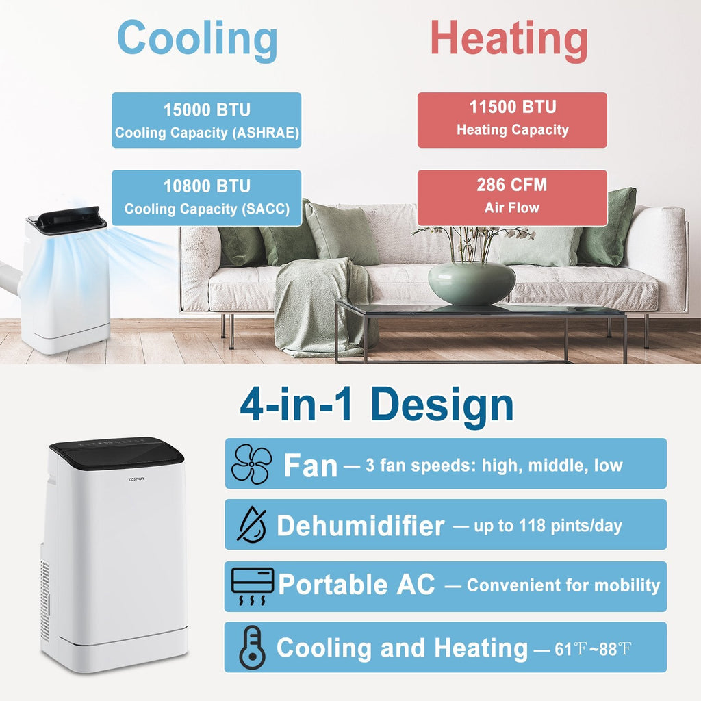 Mobile Klimaanlage mit 15.000 BTU, Heizfunktion und App-Steuerung, für 800 sq ft, 118 Pints pro Tag