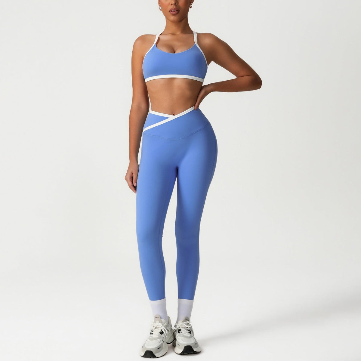 Pfirsichfarbener High-Waist-Yoga-Anzug mit eng anliegenden Hosen – figurformendes Yoga-Activewear-Set