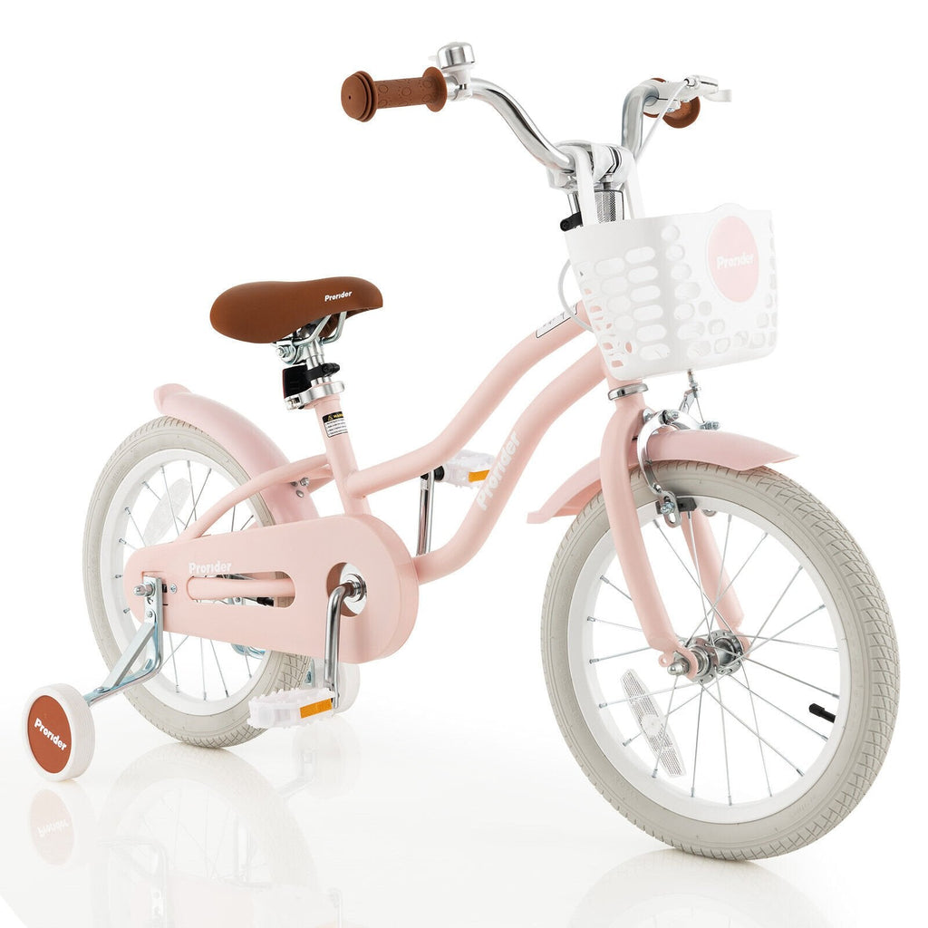 16-Zoll-Kinderfahrrad mit Vorderrhandbremse, Stützrädern und Korb, Pink