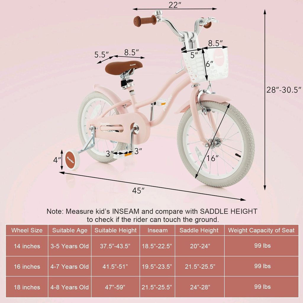 16-Zoll-Kinderfahrrad mit Vorderrhandbremse, Stützrädern und Korb, Pink