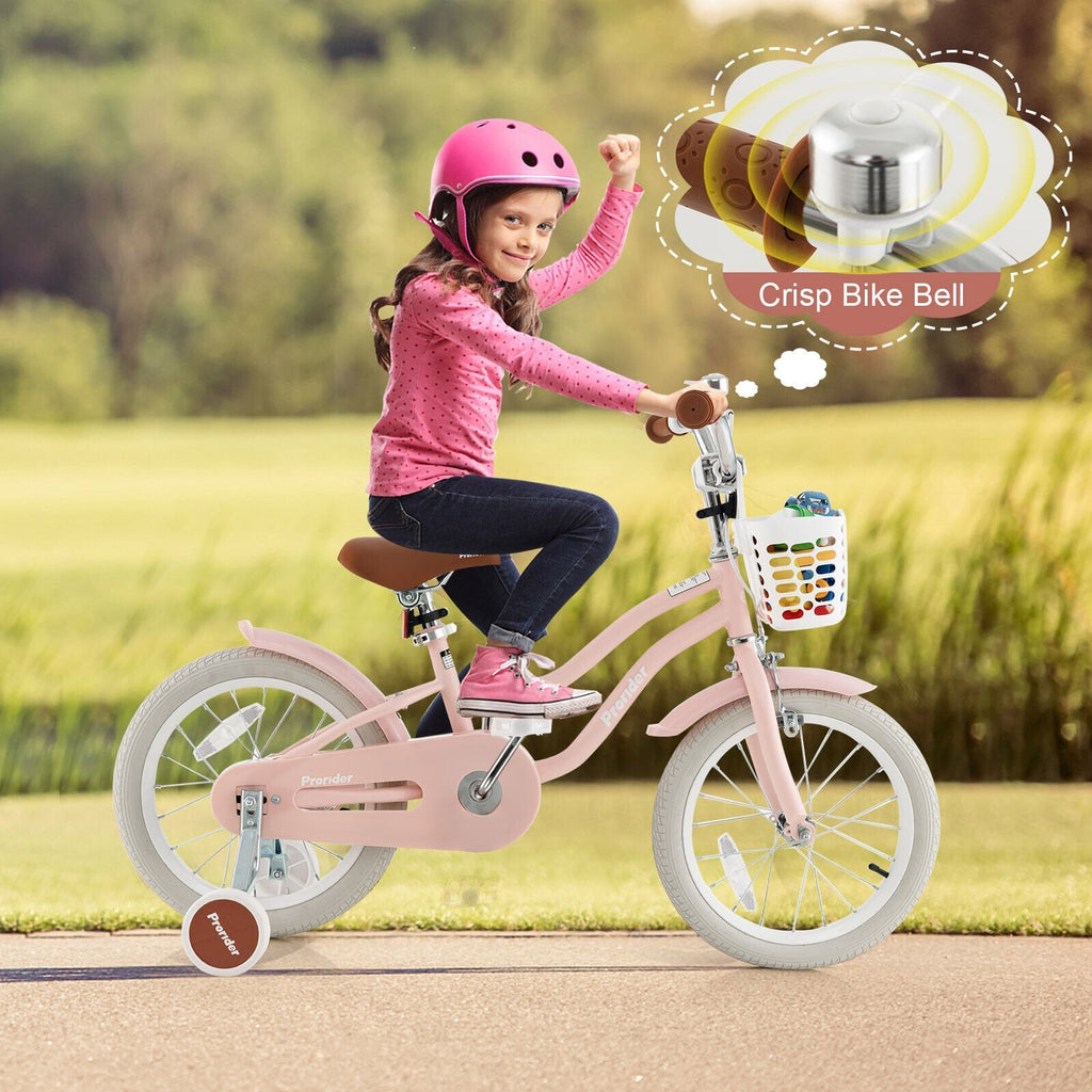 16-Zoll-Kinderfahrrad mit Vorderrhandbremse, Stützrädern und Korb, Pink