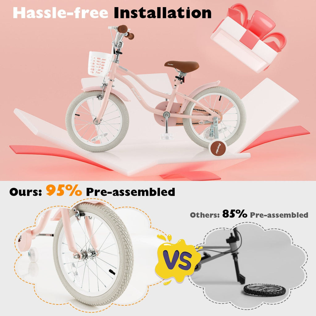 16-Zoll-Kinderfahrrad mit Vorderrhandbremse, Stützrädern und Korb, Pink