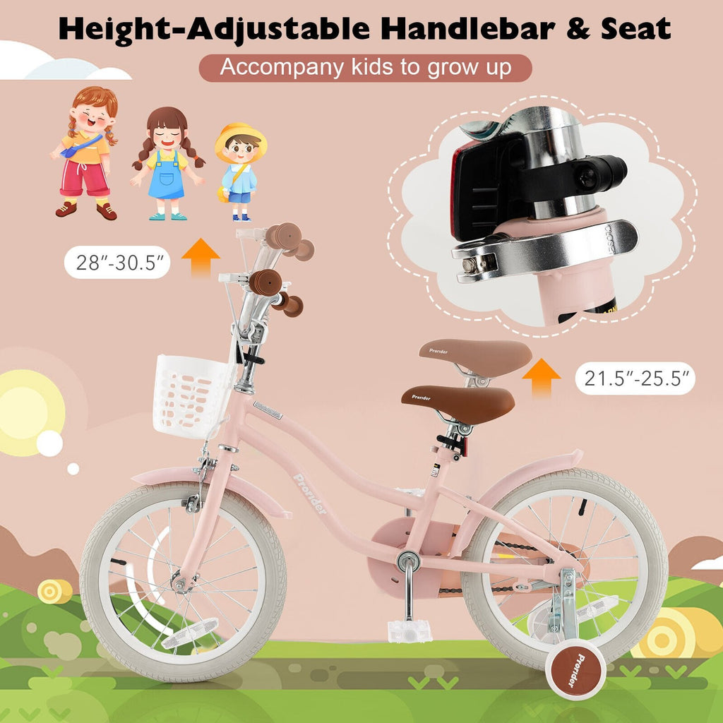 16-Zoll-Kinderfahrrad mit Vorderrhandbremse, Stützrädern und Korb, Pink