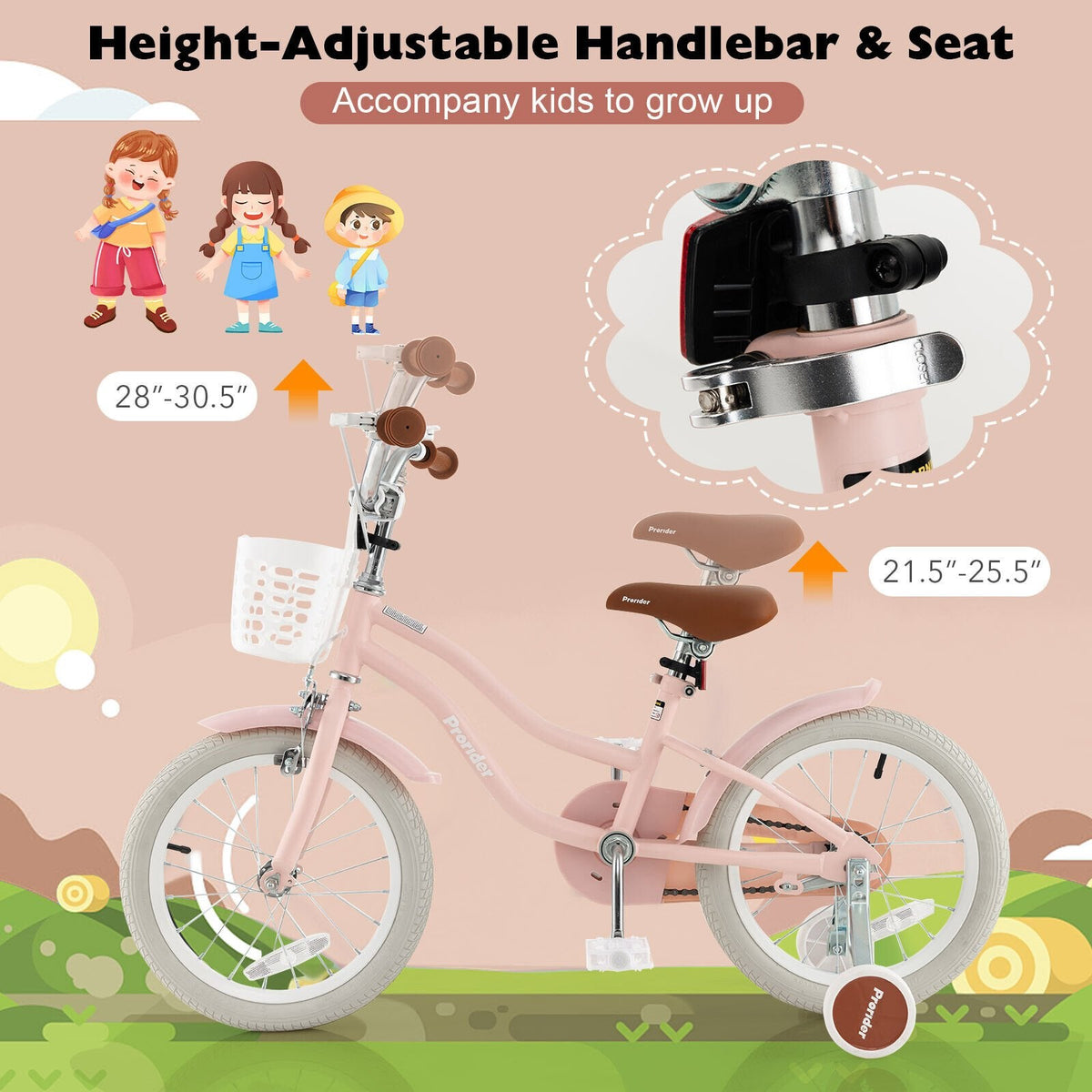 16-Zoll-Kinderfahrrad mit Vorderrhandbremse, Stützrädern und Korb, Pink
