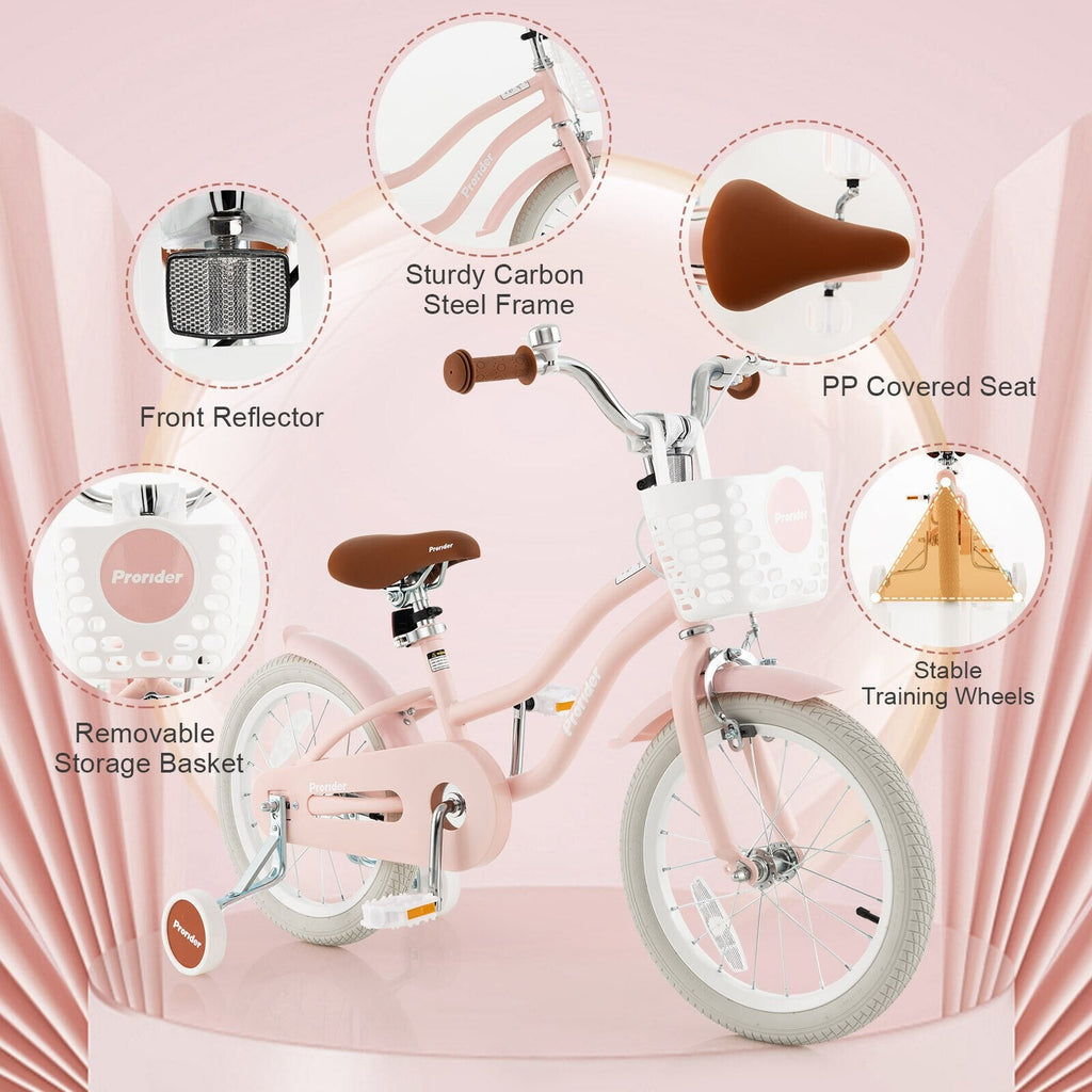 16-Zoll-Kinderfahrrad mit Vorderrhandbremse, Stützrädern und Korb, Pink