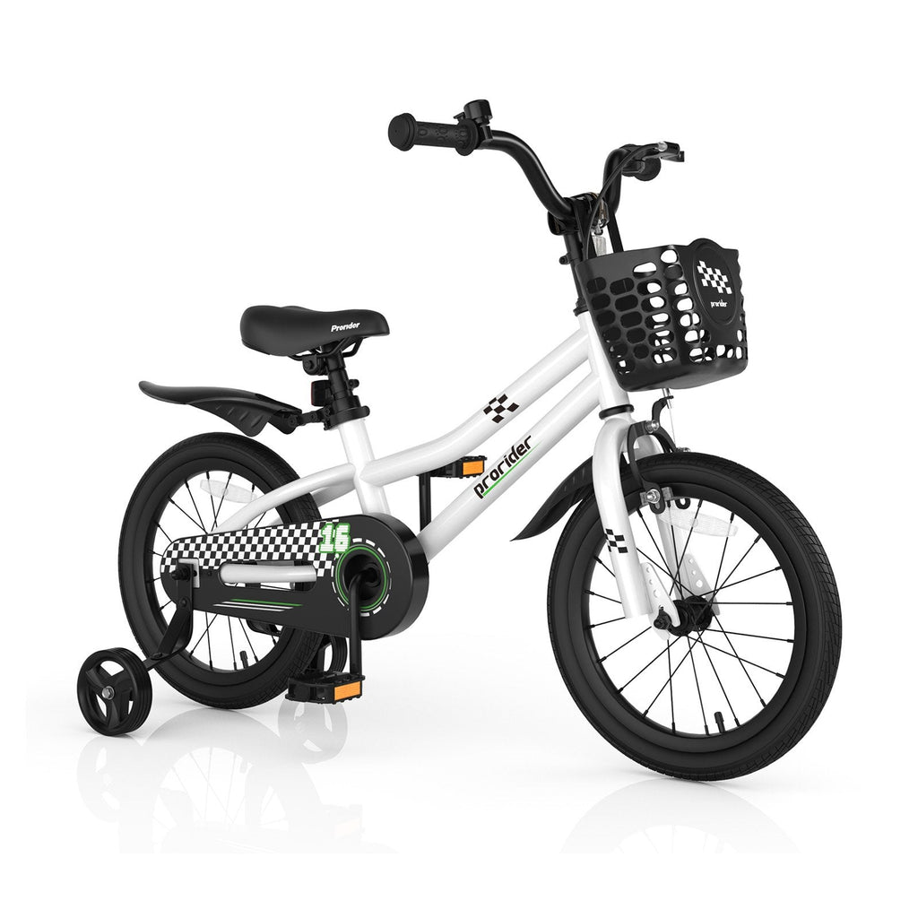 Bicicleta infantil de 16 pulgadas con ruedas de entrenamiento extraíbles y cesta, negra y blanca