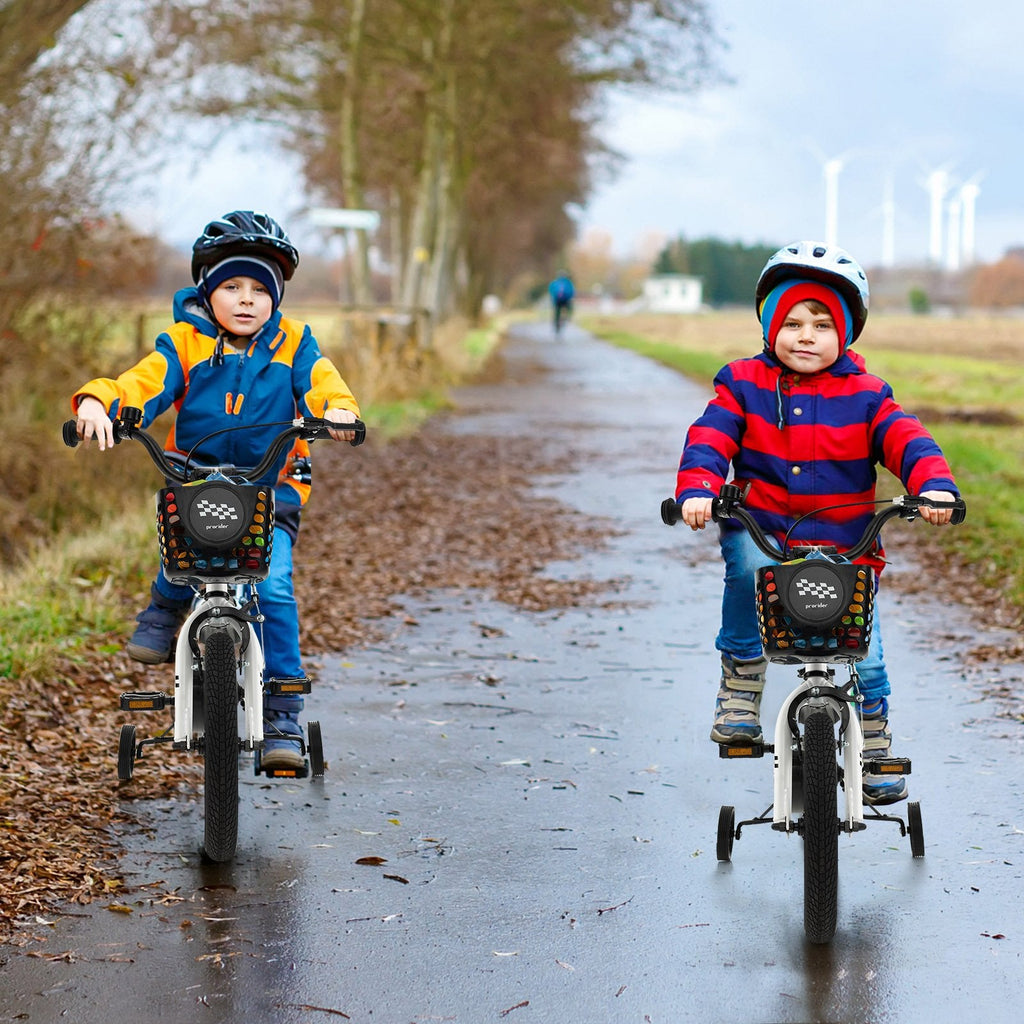 Bicicleta infantil de 16 pulgadas con ruedas de entrenamiento extraíbles y cesta, negra y blanca