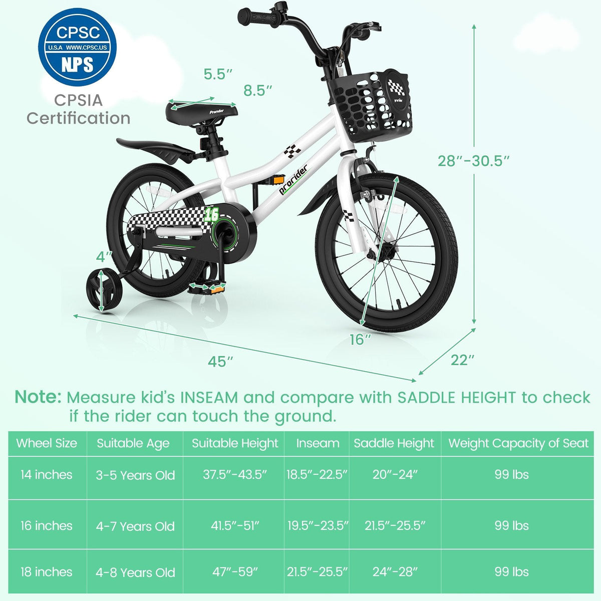 Bicicleta infantil de 16 pulgadas con ruedas de entrenamiento extraíbles y cesta, negra y blanca