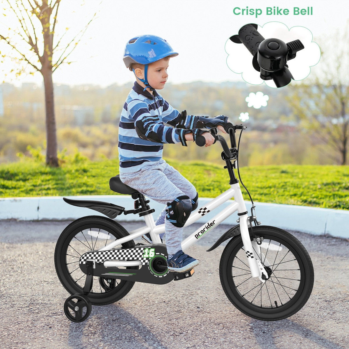 Bicicleta infantil de 16 pulgadas con ruedas de entrenamiento extraíbles y cesta, negra y blanca
