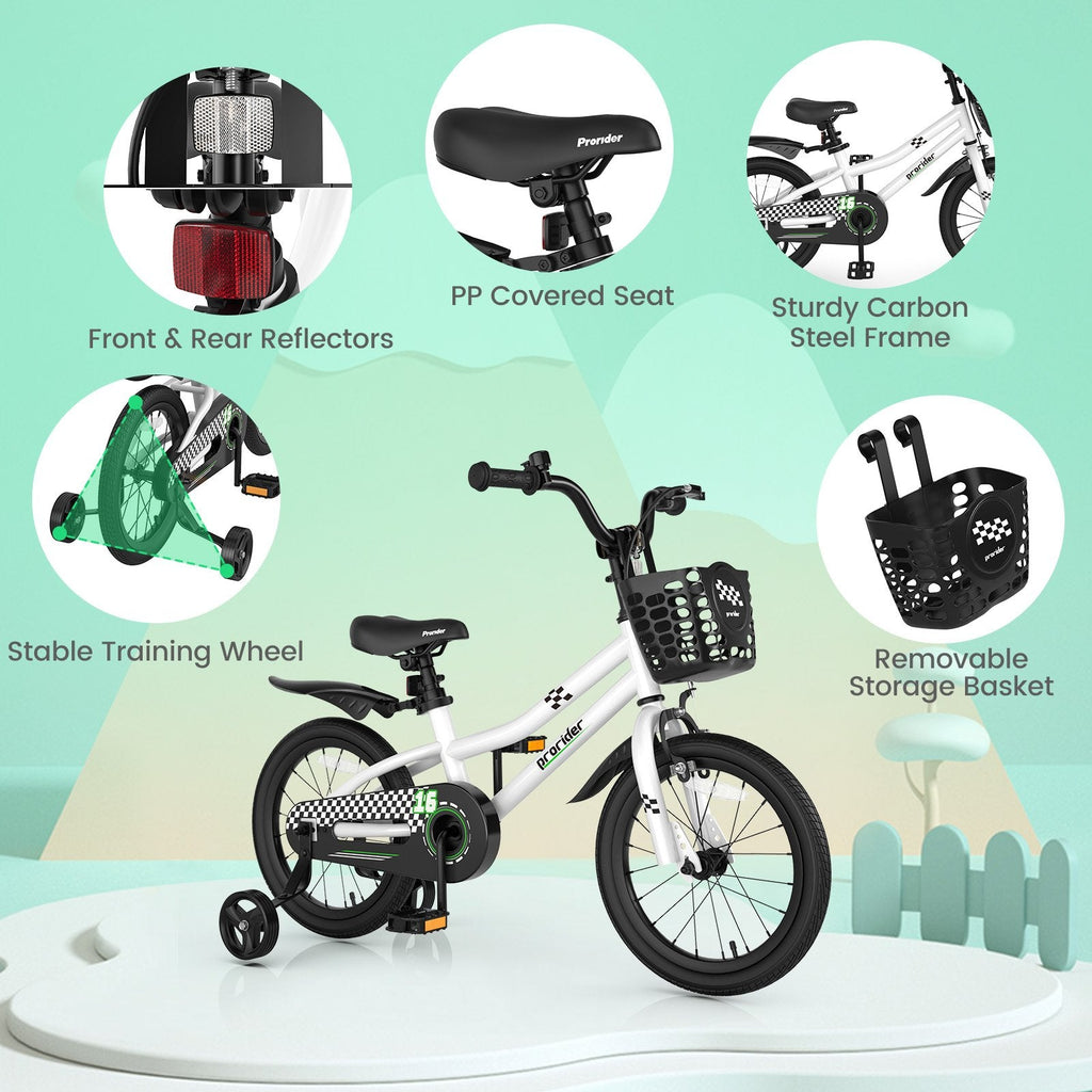 Bicicleta infantil de 16 pulgadas con ruedas de entrenamiento extraíbles y cesta, negra y blanca