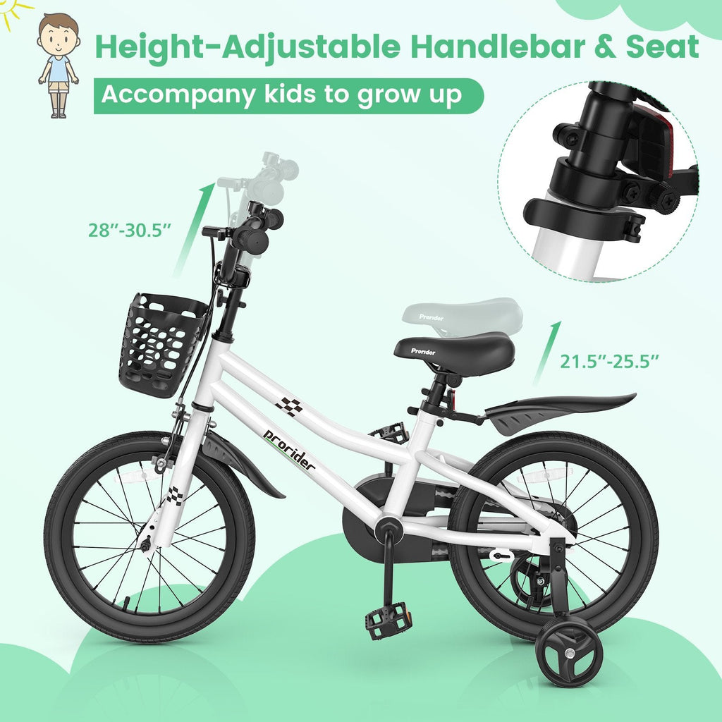 Bicicleta infantil de 16 pulgadas con ruedas de entrenamiento extraíbles y cesta, negra y blanca