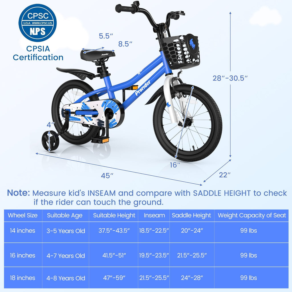 Vélo pour enfant de 16 pouces avec roues d’apprentissage amovibles et sonnette, bleu