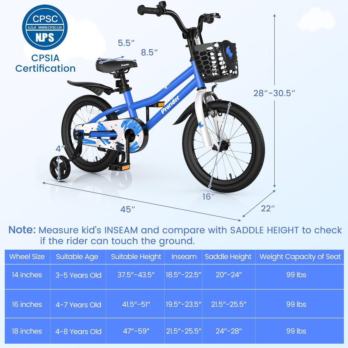 16 Inch Kids Bike with Removable Training Wheels and Bell, Blue