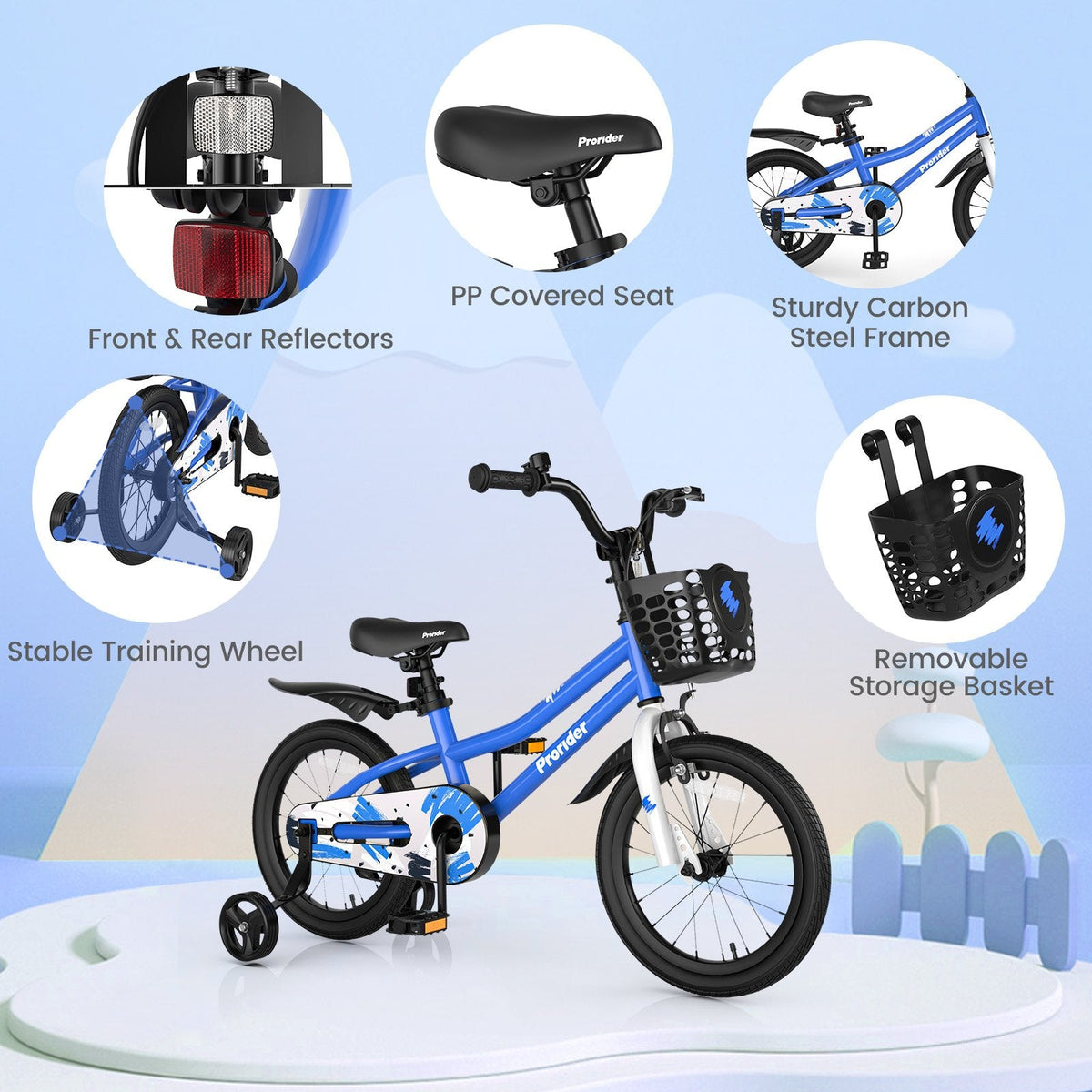 16 Inch Kids Bike with Removable Training Wheels and Bell, Blue