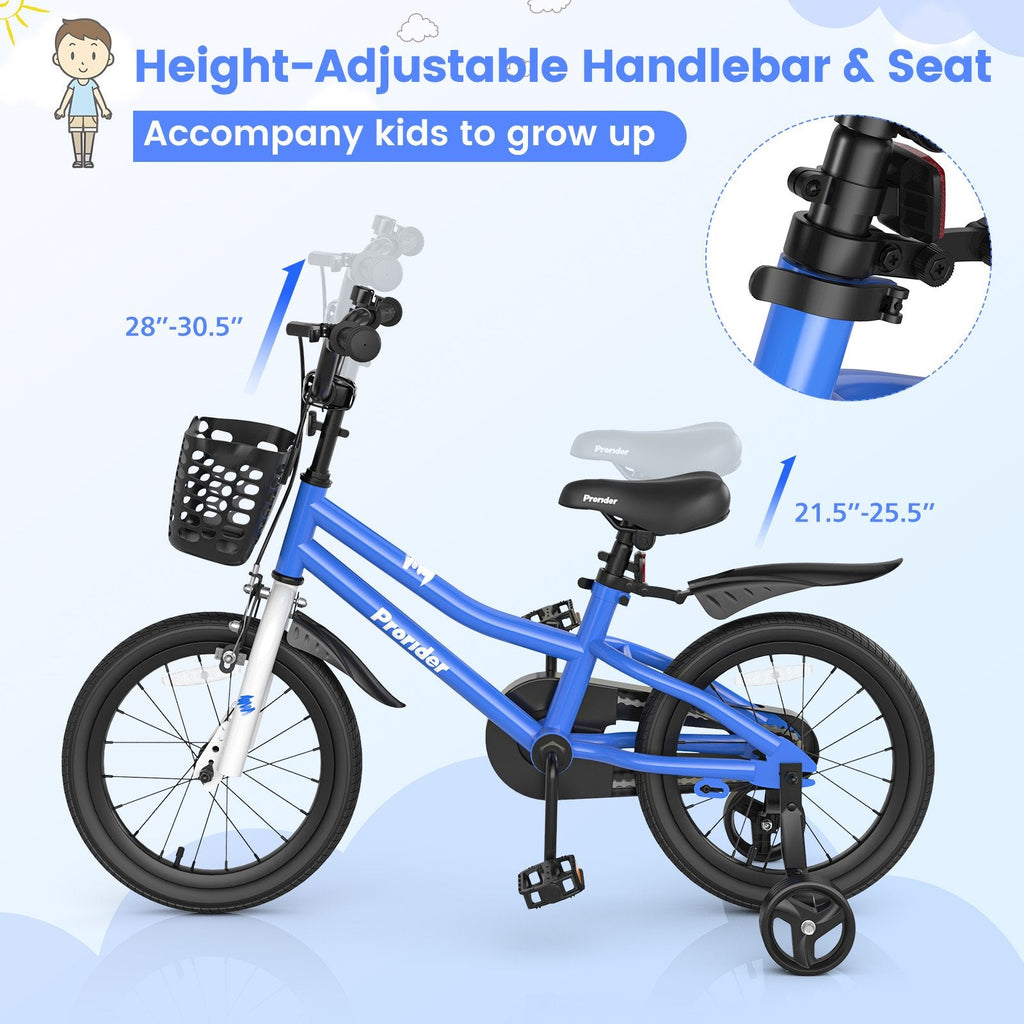 Vélo pour enfant de 16 pouces avec roues d’apprentissage amovibles et sonnette, bleu