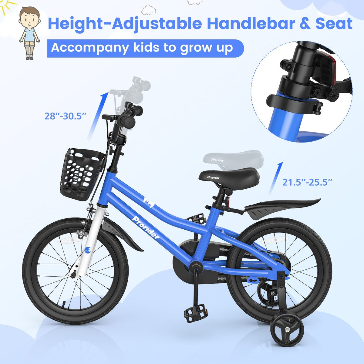 Vélo pour enfant de 16 pouces avec roues d’apprentissage amovibles et sonnette, bleu