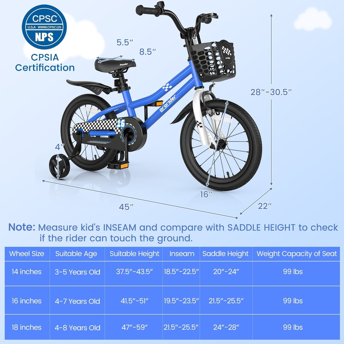 16 Inch Kids Bike with Removable Training Wheels and Basket, Navy