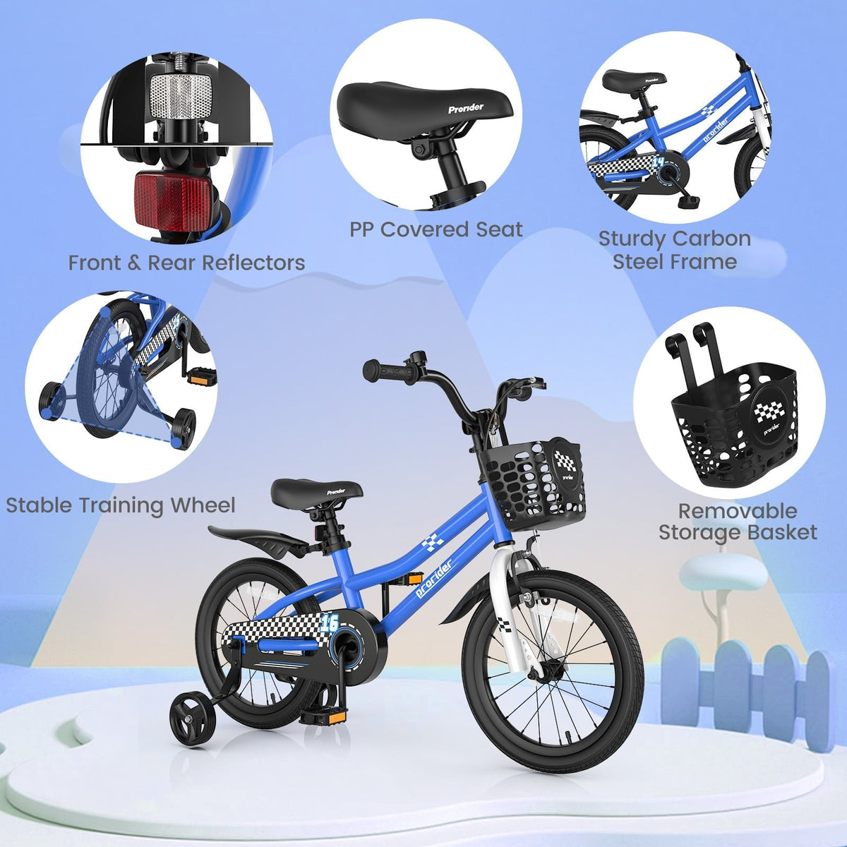 16 Inch Kids Bike with Removable Training Wheels and Basket, Navy