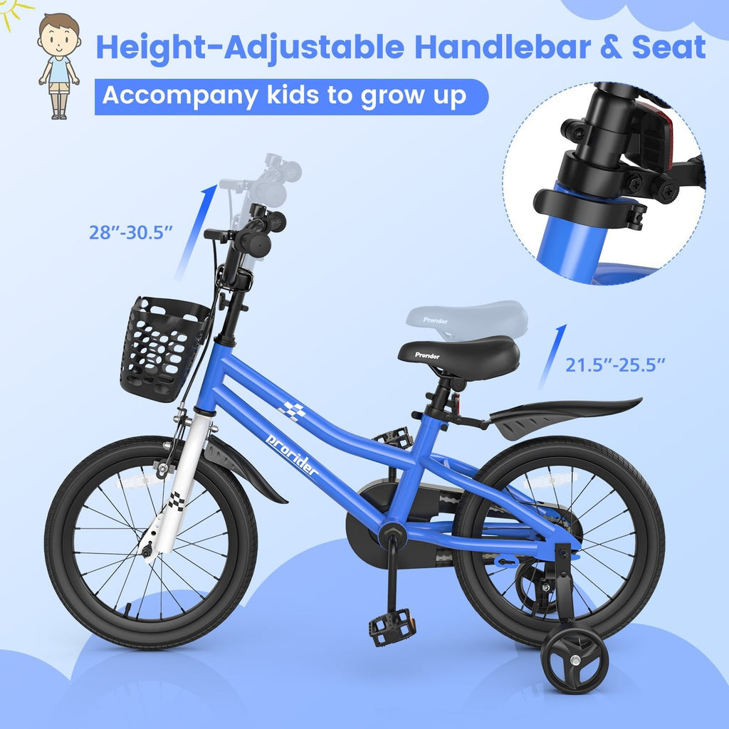Bicicleta infantil de 16 pulgadas con ruedas de entrenamiento extraíbles y cesta, azul marino
