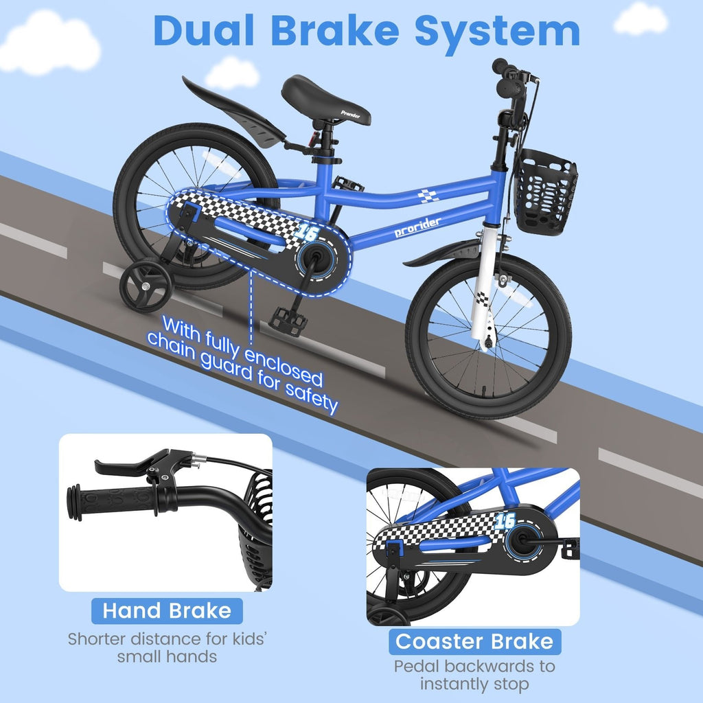 Bicicleta infantil de 16 pulgadas con ruedas de entrenamiento extraíbles y cesta, azul marino