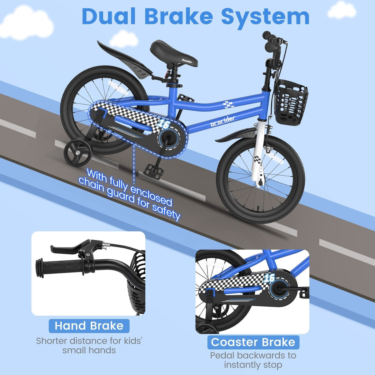 Bicicleta infantil de 16 pulgadas con ruedas de entrenamiento extraíbles y cesta, azul marino