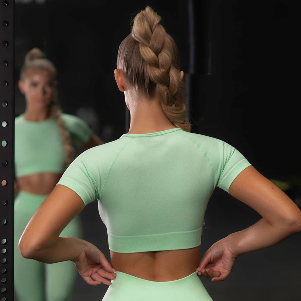 Nahtloses Yoga-Sportset für Damen – Laufleggings & Kurzarm-Workout-Oberteil