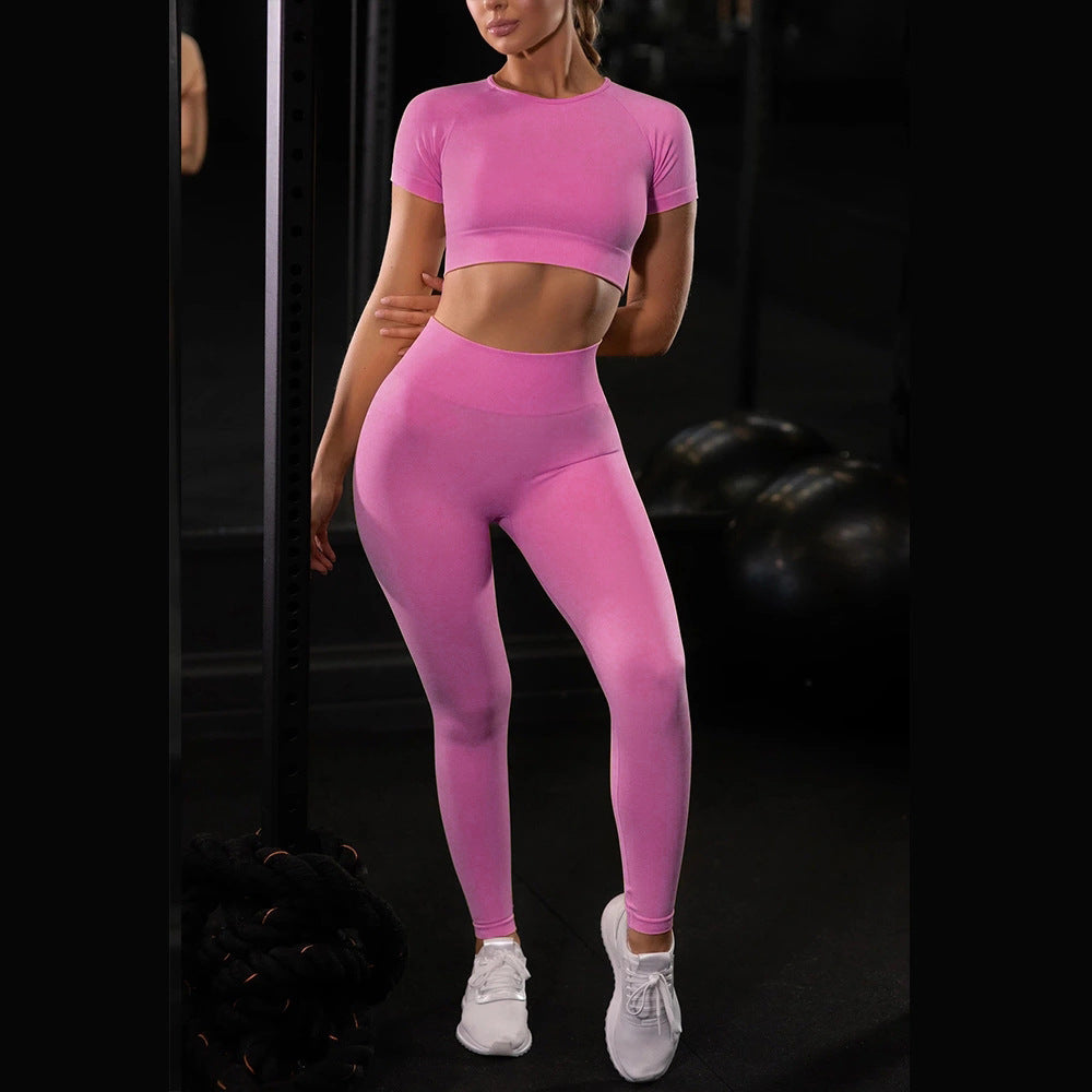 Nahtloses Yoga-Sportset für Damen – Laufleggings & Kurzarm-Workout-Oberteil