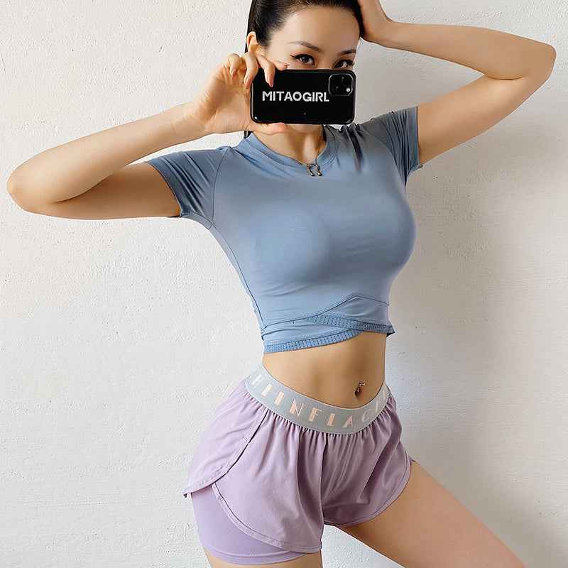 T-shirt à manches courtes d’entraînement à la course – Haut de yoga et de fitness près du corps pour femme