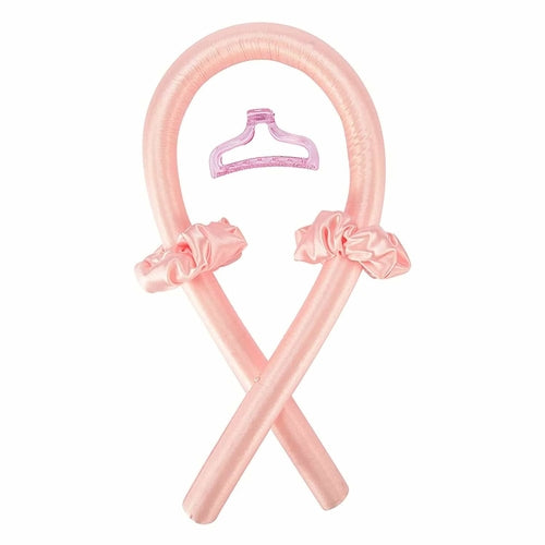 Pink heatless curling rod set with satin bow loops and hanger