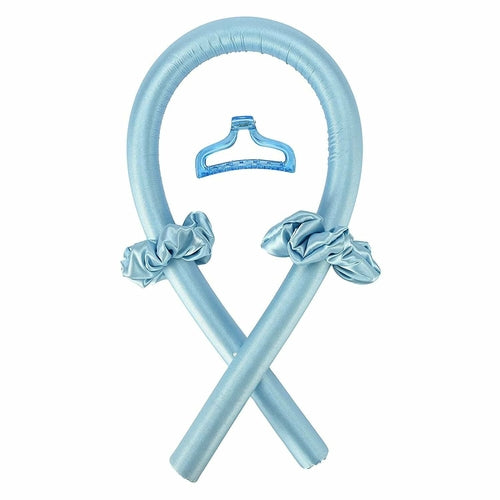 Light blue heatless curling rod set with satin bow loops and hanger