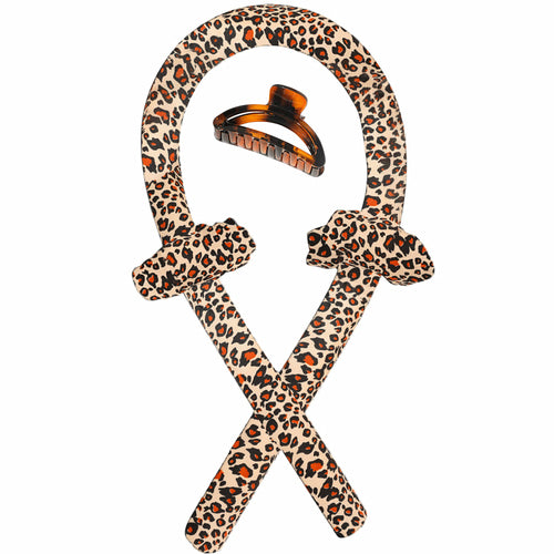 Leopard print heatless curling rod set with ribbon loops and hanger