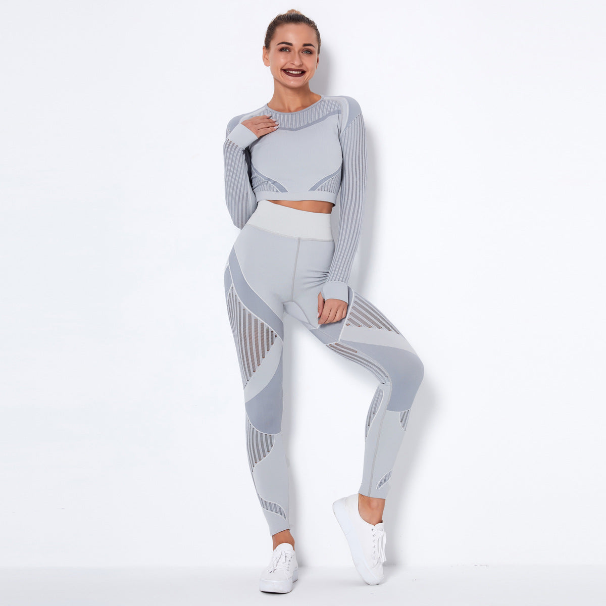 Nahtloses Langarm-Yoga-Set aus Strick für Damen – Schweißableitende Sportbekleidung