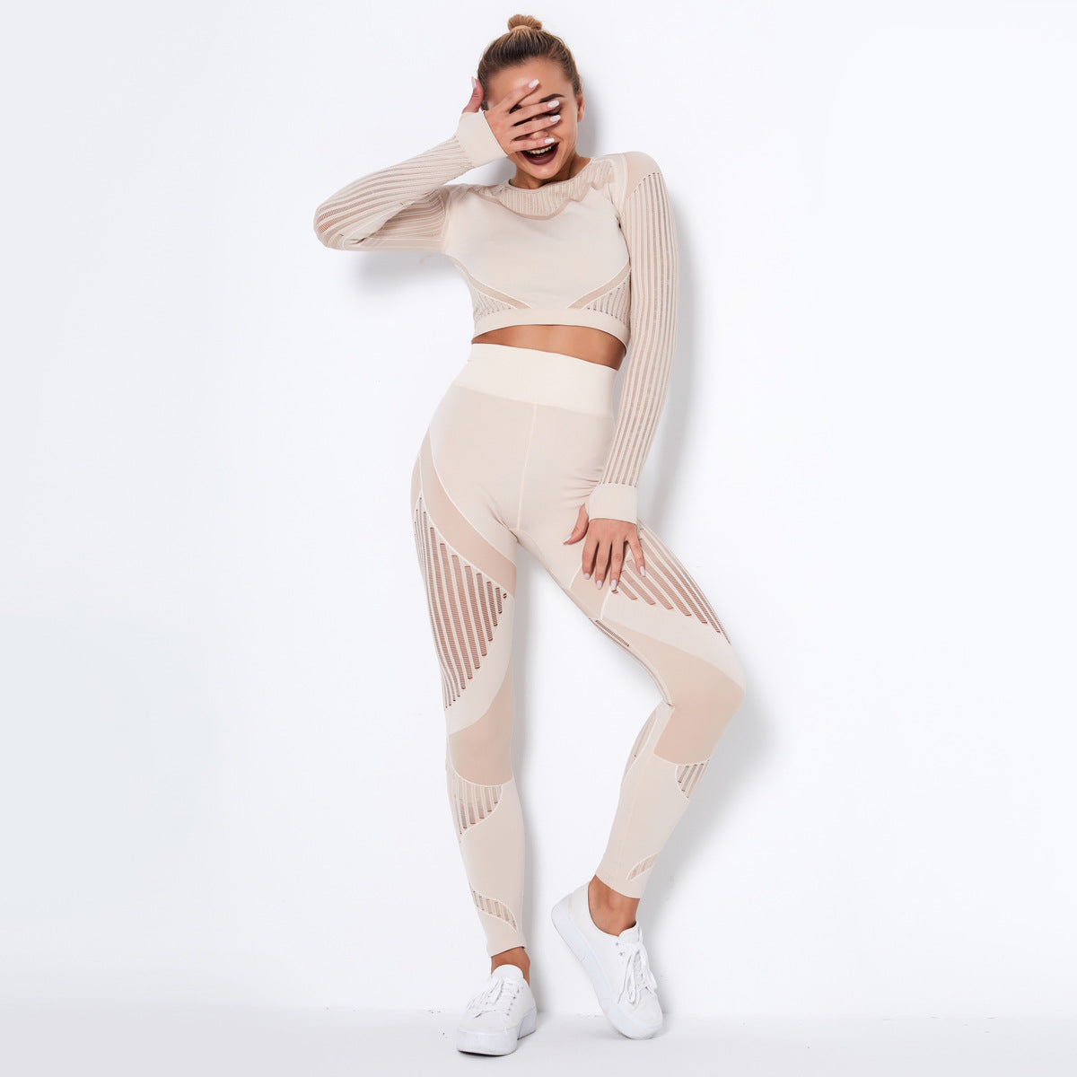 Nahtloses Langarm-Yoga-Set aus Strick für Damen – Schweißableitende Sportbekleidung