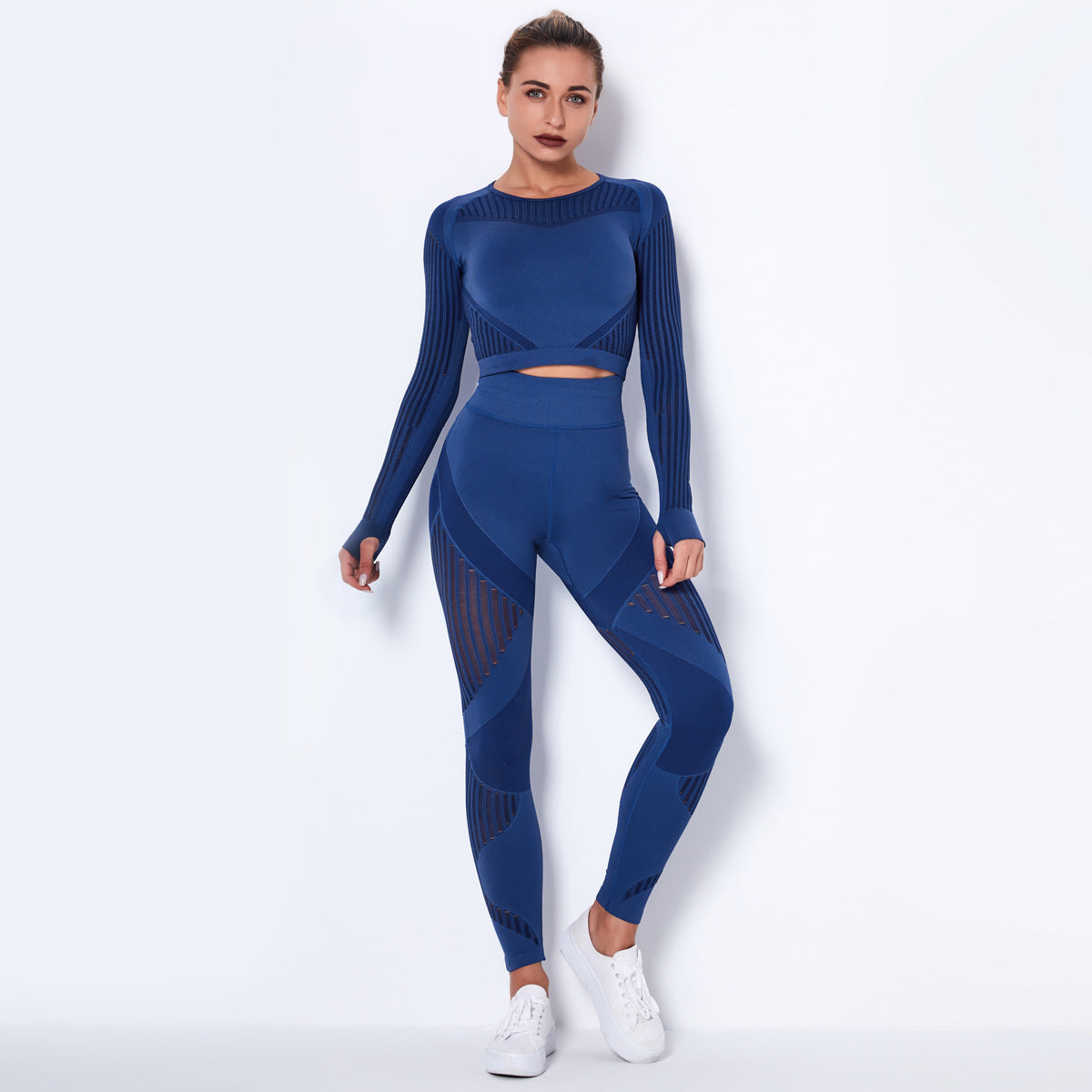 Nahtloses Langarm-Yoga-Set aus Strick für Damen – Schweißableitende Sportbekleidung