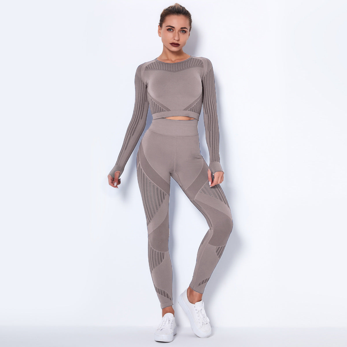 Nahtloses Langarm-Yoga-Set aus Strick für Damen – Schweißableitende Sportbekleidung