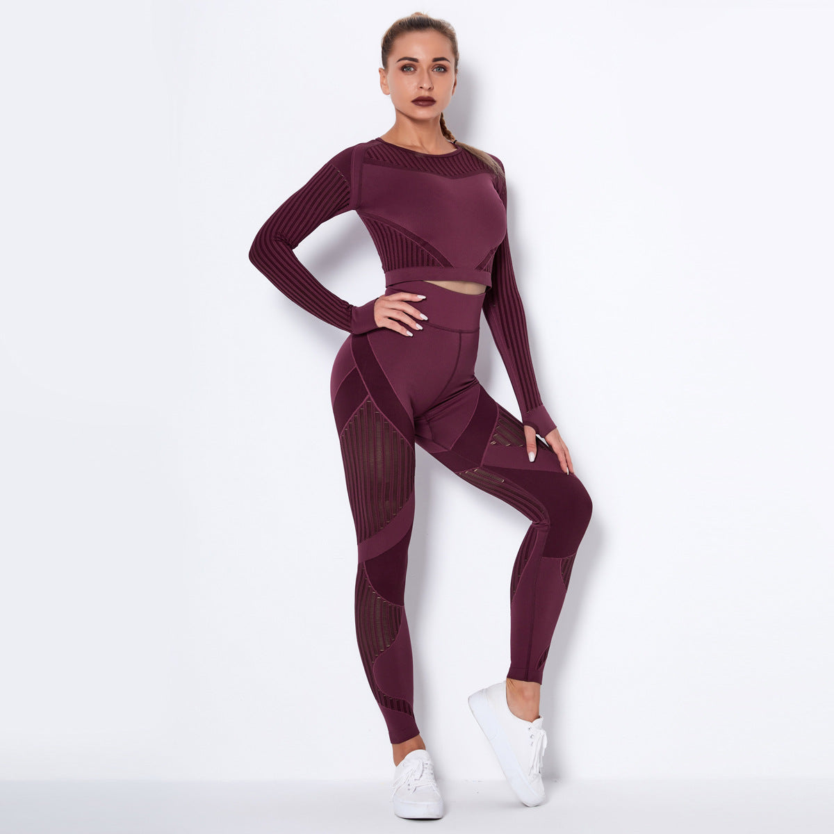 Nahtloses Langarm-Yoga-Set aus Strick für Damen – Schweißableitende Sportbekleidung