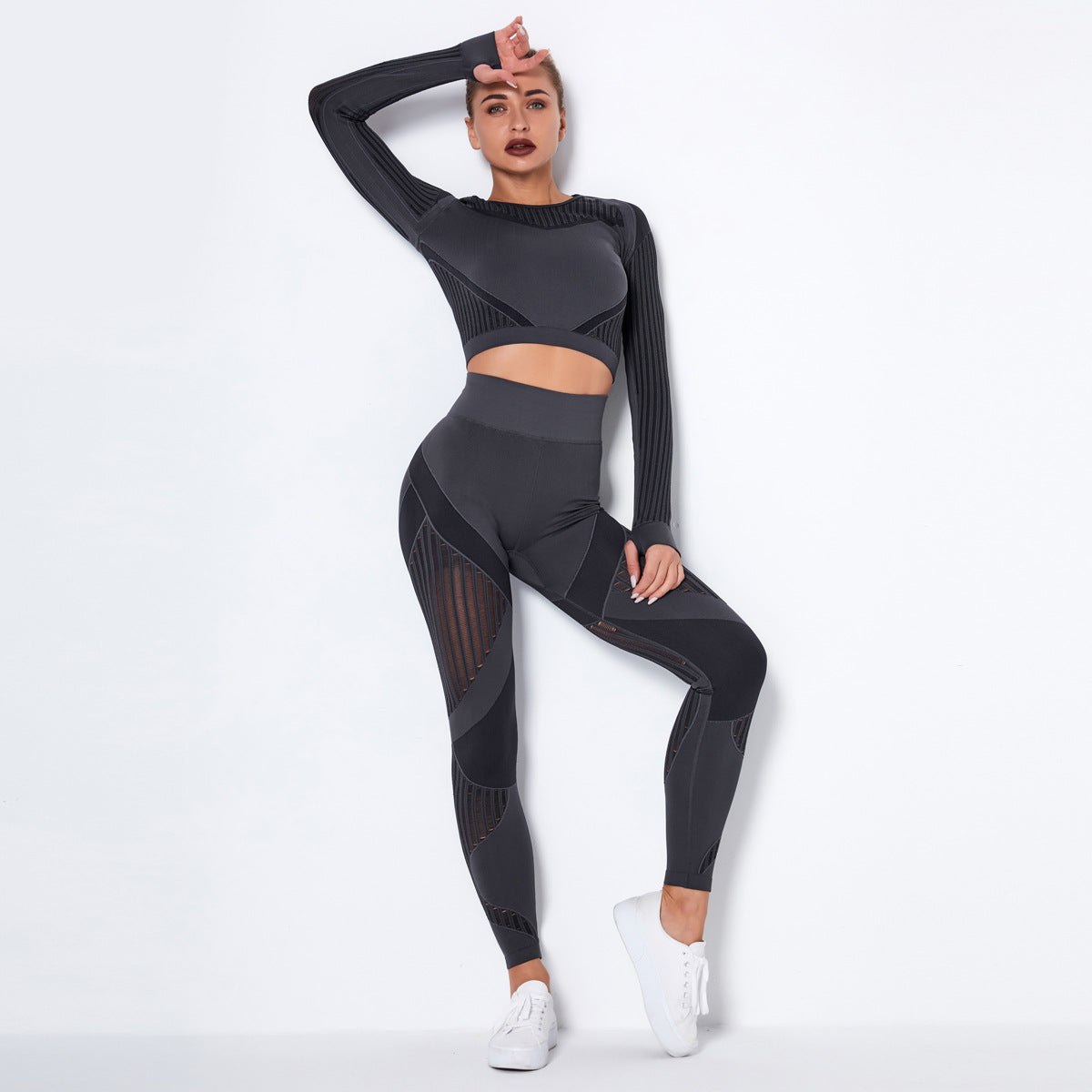 Nahtloses Langarm-Yoga-Set aus Strick für Damen – Schweißableitende Sportbekleidung