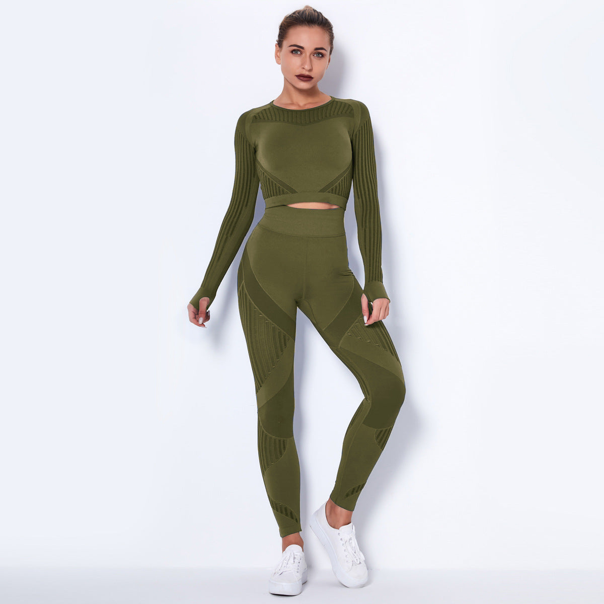 Nahtloses Langarm-Yoga-Set aus Strick für Damen – Schweißableitende Sportbekleidung