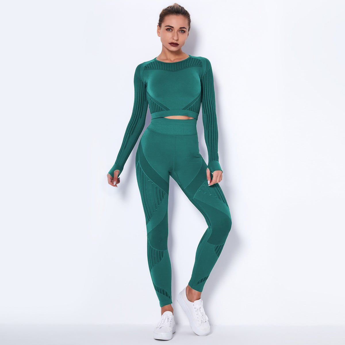 Nahtloses Langarm-Yoga-Set aus Strick für Damen – Schweißableitende Sportbekleidung